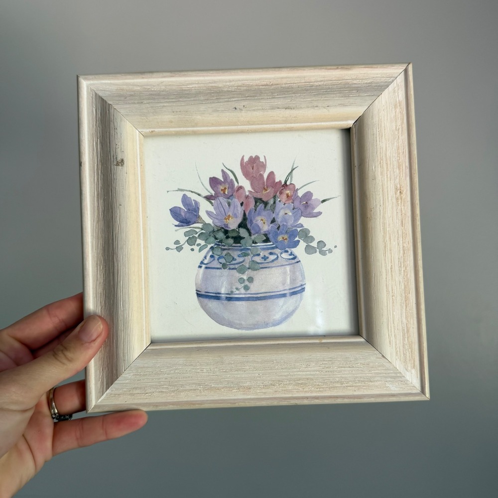 Floral Watercolor Print in Whitewashed Wood Frame Purple Crocus‎ Ginger Jar Art